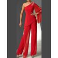 Two Piece Jumpsuit / Pantsuit Mother of the Bride Dress Elegant Vintage One Shoulder Floor Length Chiffon Long Sleeve with Pleats 2024