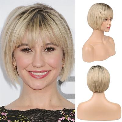 Blonde Bob Wig With Air Bangs for White Women 10 Short Ombre Ash Blonde with Dark Roots Hair Wigs Synthetic Side Part Natural Looking Hairpiece