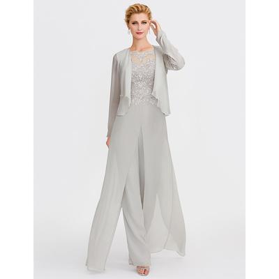 TS Beach Wedding Two Piece Jumpsuit / Pantsuit Mother of the Bride Dress Formal Wedding Guest Elegant Wrap Included Bateau Neck Floor Length Chiffon 3/4 Length Sleeve with Appliques 2025