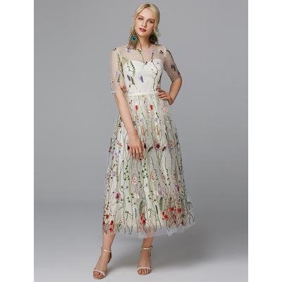 A-Line Floral Dress Valentine's Day Wedding Guest Tea Length Half Sleeve Illusion Neck Lace with Embroidery Appliques 2025