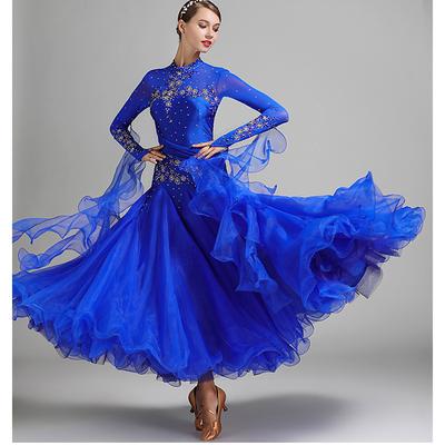 Ballroom Dance Dress Embroidery Split Joint Crystals / Rhinestones Women's Performance Training Long Sleeve Mesh Spandex Organza