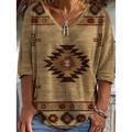 Women's Plus Size Blouse Graphic Daily Vacation Print Brown 3/4 Length Sleeve Casual V Neck Spring Fall