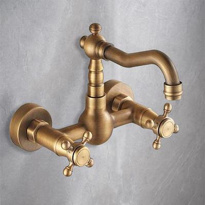 Antique Brass Kitchen Faucet,Wall Mounted Standard Spout Two Handles Two Holes Traditional Widespread Kitchen Taps with Hot and Cold Switch and Ceramic Valve