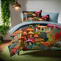 L.T.Home 100% Cotton Sateen Duvet Cover Set Reversible Premium 300 Thread Count Mushroom Quilt Art Pattern Elite Bedding Set