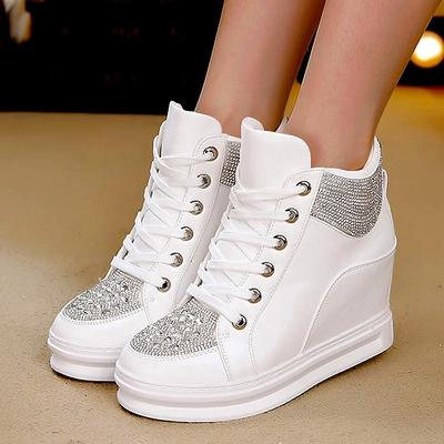 Women's White Rhinestone Wedge Sneakers – Faux Leather High Top Platform Shoes for Casual, Party Streetwear Fashion
