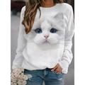 Women's Sweatshirt Pullover Active Streetwear 3D Print White Light Grey Brown Animal Cat 3D Daily Round Neck Long Sleeve S M L XL XXL