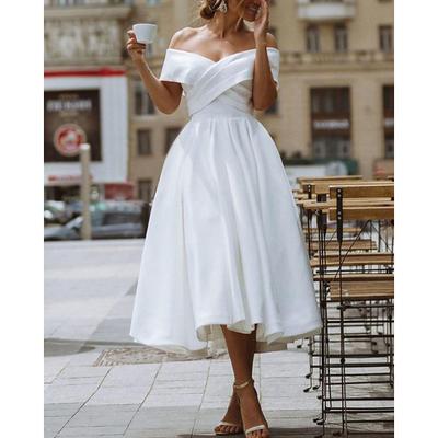Reception Vintage Little White Dress Bridal Shower Dresses Wedding Dresses A-Line Off Shoulder Cap Sleeve Tea Length Satin Bridal Gowns With Pleats 2025