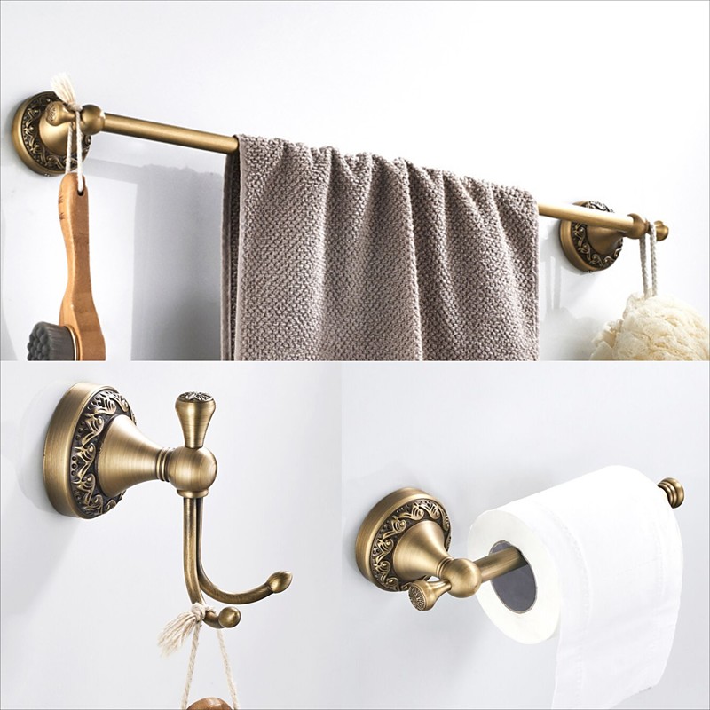 Golden Brushed Brass Towel Holder Bathroom Accessory Towel Ring/Toilet Paper Holder/Robe Hook Antique Brass Bathroom Single Rod Wall Mounted Carved Design