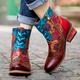 Women's Boots Booties Ankle Boots Handmade Shoes Daily Floral Color Block Booties Ankle Boots Winter Zipper Lace-up Block Heel Round Toe Vintage Casual Comfort Leather Sheepskin Zipper Dark Red