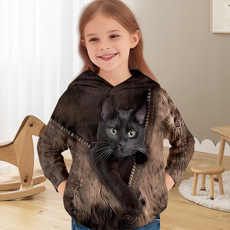 Girls' 3D Cat Hoodie Pullover Long Sleeve 3D Print Spring Fall Active Fashion Cute Kids 3-12 Years 4-12 Years Hooded Outdoor Casual Daily Regular Fit