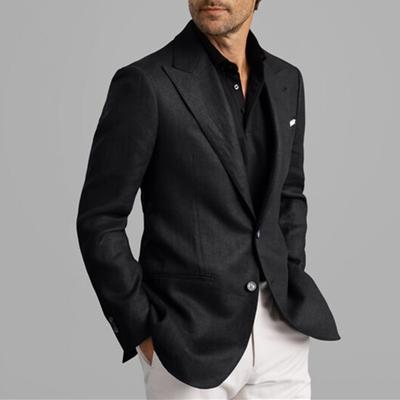 Men's Fashion Casual Linen Blazer Regular Tailored Fit Solid Colored Single Breasted Two-buttons Black 2024