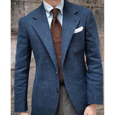 Men's Tweed Blazer Retro Vintage Herringbone Blazer Blue Plus Size Single Breasted Two-buttons