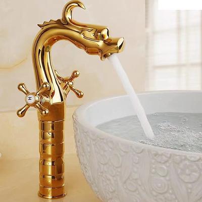 Bathroom Sink Faucet for Vessel, Novelty Loong Style Dragon Shape Mount Outsides Two Handle One Hole Tall Vessel Bath Taps in Antique Brass