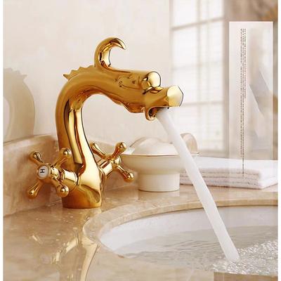 Bathroom Sink Faucet for Vessel, Novelty Loong Style Dragon Shape Mount Outsides Two Handle One Hole Tall Vessel Bath Taps in Antique Brass