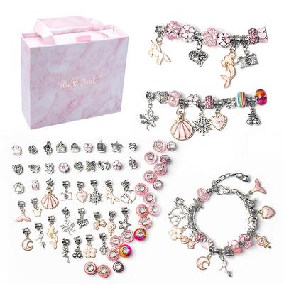 DIY Gift Box Pink Blue Set Charm Bracelet Childrens Festival Presents Making Kit Beaded Silver Plated Snake Chain Gift for Girls and Children