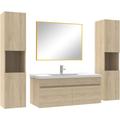 Ensemble meubles Salle de Bain 100cm simple vasque avec colonne + miroir mural Chêne Wotan