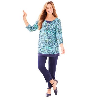 Plus Size Women's Half-Zip V-Neck Tunic Duet by Catherines in Vibrant Turq Damask (Size 3X)