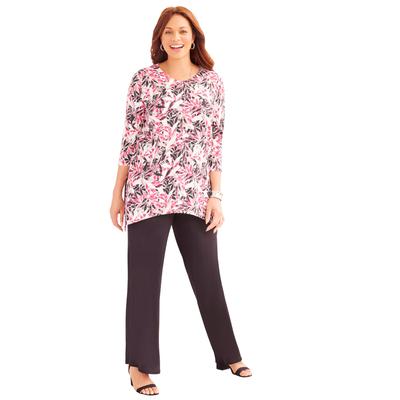 Plus Size Women's AnyWear Fluid Tunic by Catherines in Pink Burst Abstract Leaf (Size 3X)