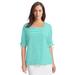 Plus Size Women's Tie Sleeve Square Neck Tee by Jessica London in Aqua Sea Feeder Stripe (Size S)