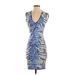 BCBGMAXAZRIA Casual Dress - Sheath Plunge Sleeveless: Blue Tropical Dresses - Women's Size Small