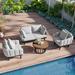 Modern 4-Piece Outdoor Iron Frame Conversation Set w/Acacia Wood Round Coffee Table, Patio Chat Set for Backyard, Deck, Poolside