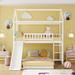 Kids Playhouse Bunk Bed Twin Over Twin Size with Full-Length Guardrail, Wood Montessori Floor Bunkbed Frame with Slide & Ladder