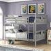 Full over Full Size Bunk Bed with Ladder for Bedroom, Solid Wood Kids Bed Frame with Guardrails for Guest Room, Grey