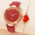 Ensemble de montre à quartz rouge de luxe pour femme bracelet en forme de cœur horloge de loisirs