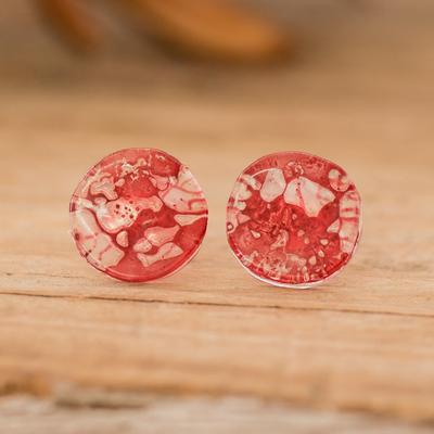 'Handmade Eco-Friendly Round Red Recycled CD Stud Earrings'