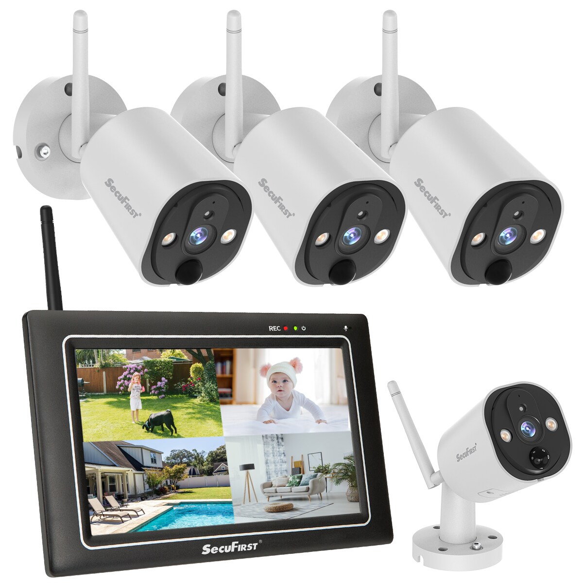 SecuFirst CWL401W4 mit 7-Zoll-Monitor und 4x kabelloser Überwachungskamera – Weiß Image