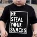 Stylish Mr. Steal My Snacks Letter Print Boys Creative T-shirt, Casual Lightweight Comfy Short Sleeve Crew Neck Tee Tops, Kids Clothings For Summer