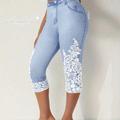 Plus Size Casual Leggings, Women's Plus Denim & Floral Print Stretchy Skinny Capri Leggings