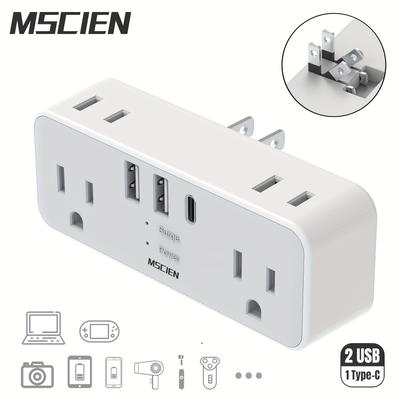 1pc Us Plug Wall Socket With 2 Usb 1 Type-c Charging Ports, Socket Extension, Surge Protection 6 Outlets Wall Charger With Hidden Plug, Travel Plug Adapter, America Japan China Mexico (type A Plug)