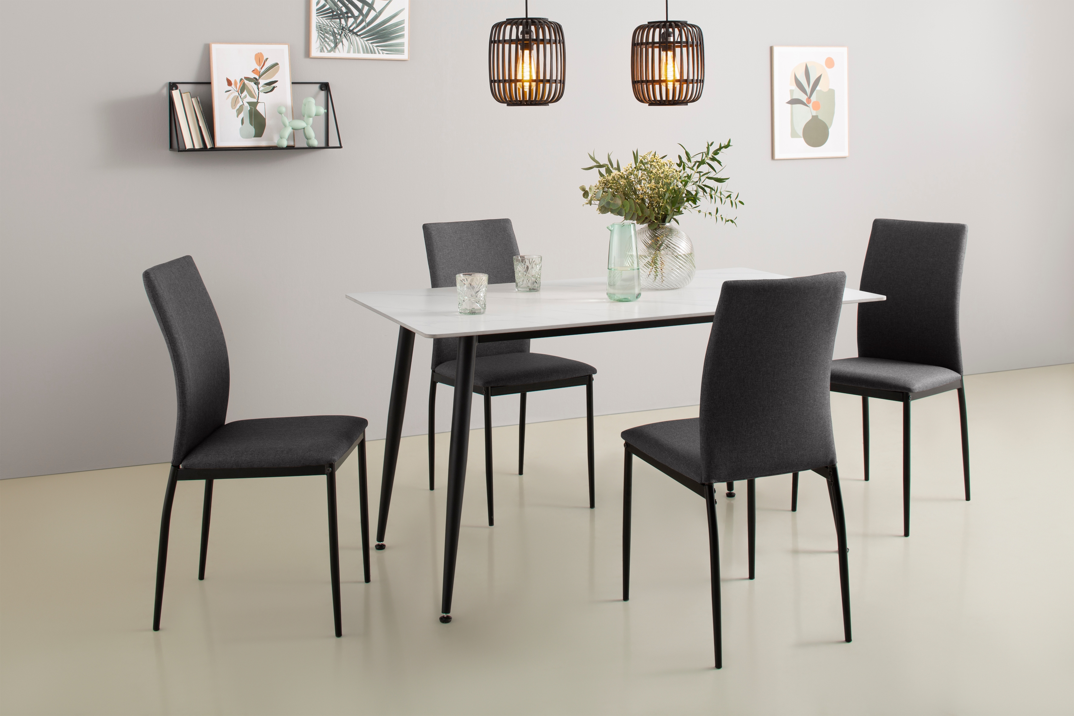 Essgruppe HELA "ALIZIA Tischgruppe Küche Esszimmer, Tisch Stühle", schwarz-weiß (marmoroptik weiß matt, anthrazit,), Sitzmöbel-Sets, Essgruppe, Tischplatte Stein Breite 140 cm, Flachgewebe, Belastbarkeit 120 KG