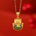 KraNx Fashion Gemstone Pendant Necklace - Jasper Feng Shui Gold Plated Sterling Silver Lucky Cat Charm Pendant Old Coin Chinese Fu Character Adjustable Chain Talisman