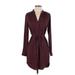Ann Taylor LOFT Casual Dress - Shirtdress V Neck Long sleeves: Burgundy Dresses - Women's Size X-Small