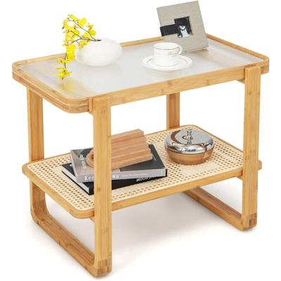 Beistelltisch, Couchtisch mit Abnehmbarer Glasplatte und Rattanablage, Kaffeetisch mit Gestell aus Image