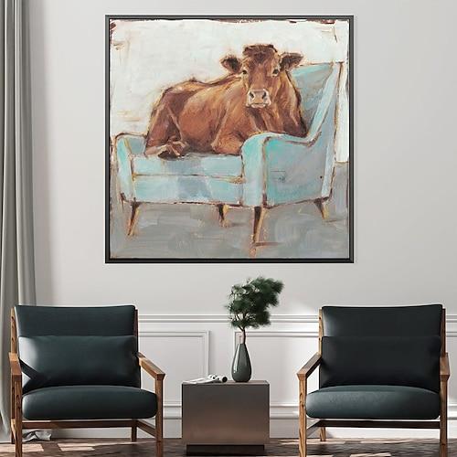 fait à la main une vache assise sur un canapé peinture à la main abstraite vache peinture à l'huile œuvre unique vibrant animal toile peinture mur art vache peinture pour salon chambre mur décor à la