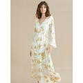 robe mi-longue à col en V et imprimé floral doré