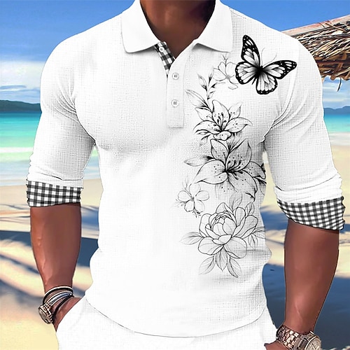 Derby du Kentucky Homme Papillon Polos Hawaïens Chemise de golf manche longue Polos Chemises à Col Occasionnel Tenue de plage Vêtements de vacances Tenues de fête Impression 3D Boutons Blanche Rose