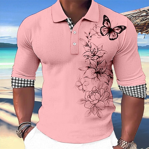 Derby du Kentucky Homme Papillon Polos Hawaïens Chemise de golf manche longue Polos Chemises à Col Occasionnel Tenue de plage Vêtements de vacances Tenues de fête Impression 3D Boutons Blanche Rose