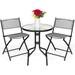 3-Piece Patio Bistro Dining Furniture Set w/Textured Glass Tabletop 2 Folding Chairs Steel Frame Polyester Fabric - Gray