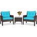 YZboomLife 3 Piece Patio Set Outdoor Rattan Wicker Conversation Set with Cushions Glass Top Coffee Table for Garden Balcony Poolside Brown