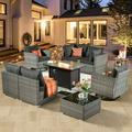 HOOOWOOO 9 Pieces Outdoor Furniture Sectional Sofa Patio Set with Swivel Rocking Chair and Fire Pit Table Black