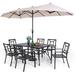 VILLA 7 Piece Outdoor Dining Set with Umbrella for 6 60\u201D Rectangular Metal Dining Table & 6 Stackable Metal Chairs & 13ft Large Beige Umbrella for Outdoor Deck Yard Porch