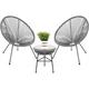 3-Piece Outdoor Acapulco All-Weather Patio Conversation Bistro Set w/Plastic Rope Glass Top Table and 2 Chairs - Gray