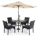 & William Outdoor 6 Pieces Dining Set with 4 Rattan Chairs 1 Metal Table and 1 10ft 3 Tier Auto-tilt Umbrella(No Base) Orange Red Modern Patio Furniture for Poolside Porch Patio