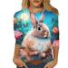 Uuszgmr Spring Tops For Women 2024 Easter Day 3/4 Sleeve Fashionable Plus Size C Formal Bunny Print Multicolor Casual Crew Neck Tops T Shire Trendy Blue Size:M