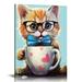 Watercolor Cat Canvas Art Cat in A Cup Canvas Painting Cat Picture Prints Cat Art Prints Cute Animal Poster Cat with Glasses Wall Art Abstract Cat Picture Cat Artwork Cute Cat Paintings