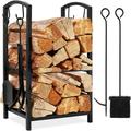 5-Piece Indoor Outdoor Iron Firewood Log Storage Rack Holder Firepit Tools Set for Fireplace Fire Pit Stove w/Hook Broom Shovel Tongs - Black